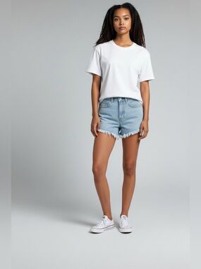 SHEIN light blue frayed hem shorts WomenXS sun/moon patches pockets zip button